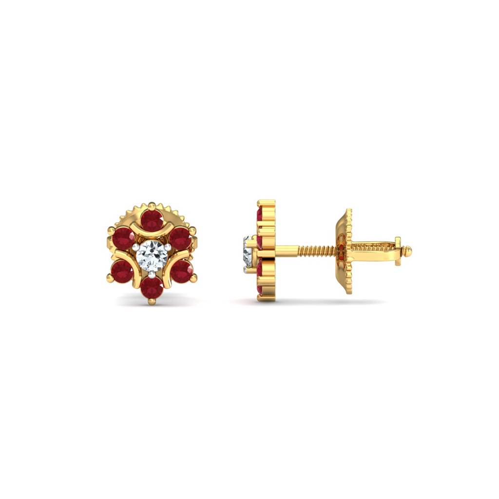 KuberBox 18K Yellow Gold Klass Ruby Stud Earrings