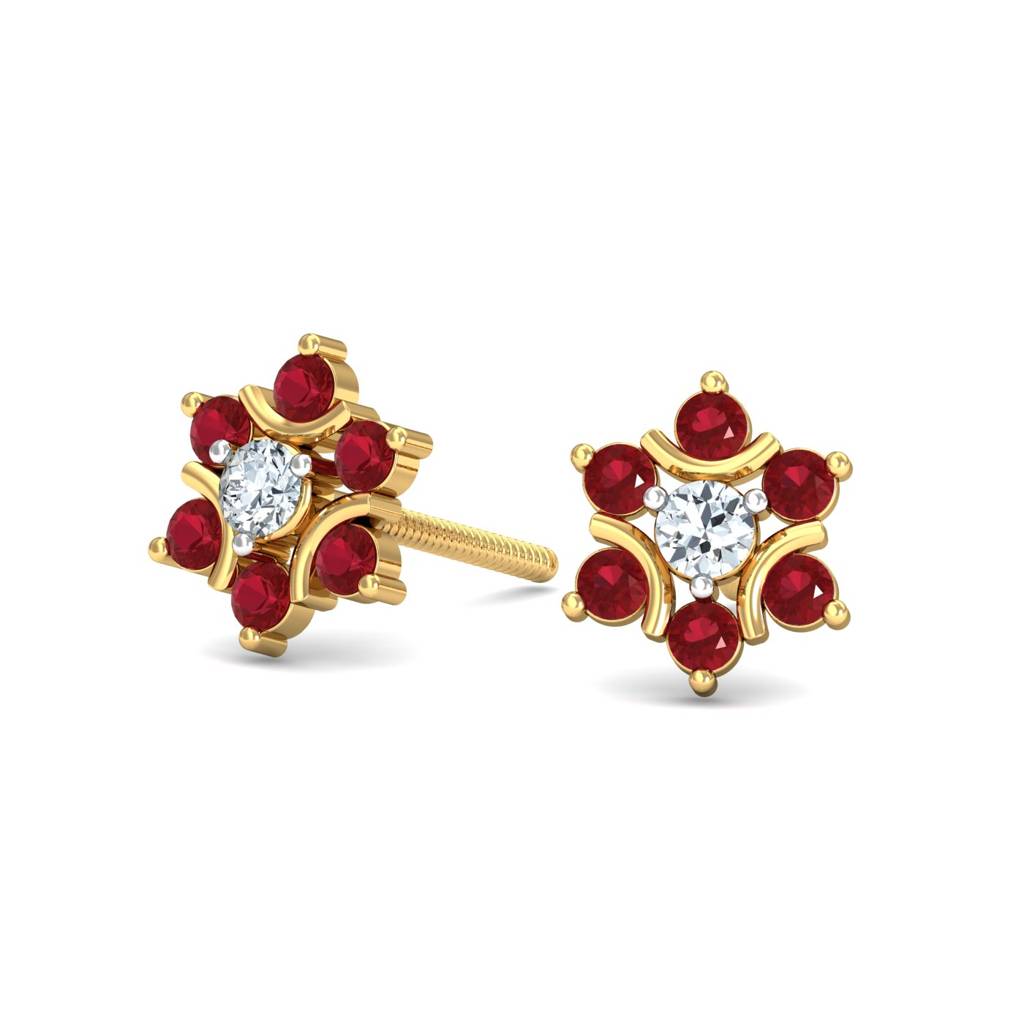 KuberBox 18K Yellow Gold Klass Ruby Stud Earrings