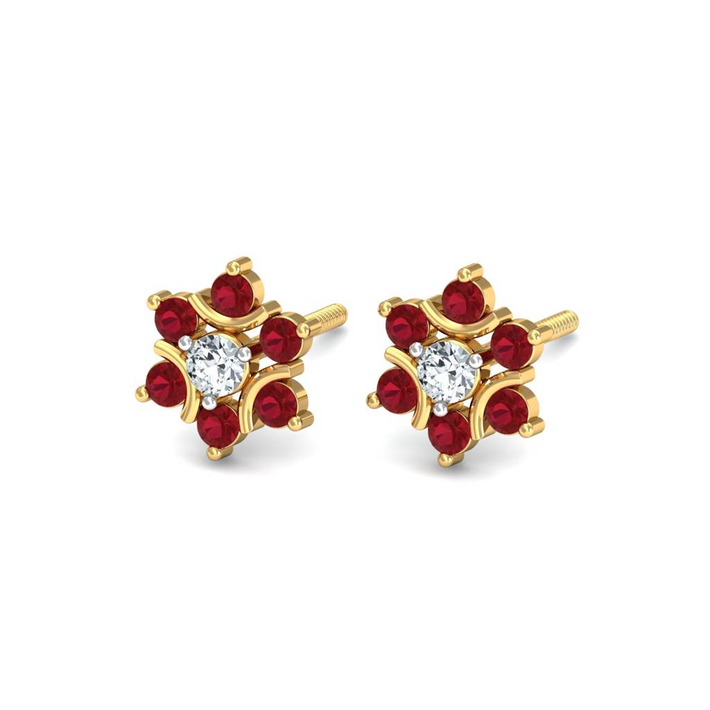 KuberBox 18K Yellow Gold Klass Ruby Stud Earrings