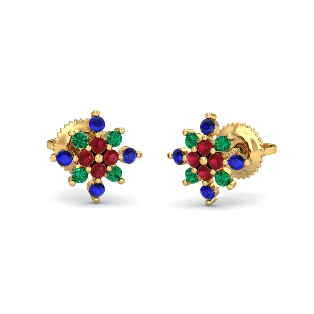 KuberBox 18K Yellow Gold Mult- Gems Stud Earrings