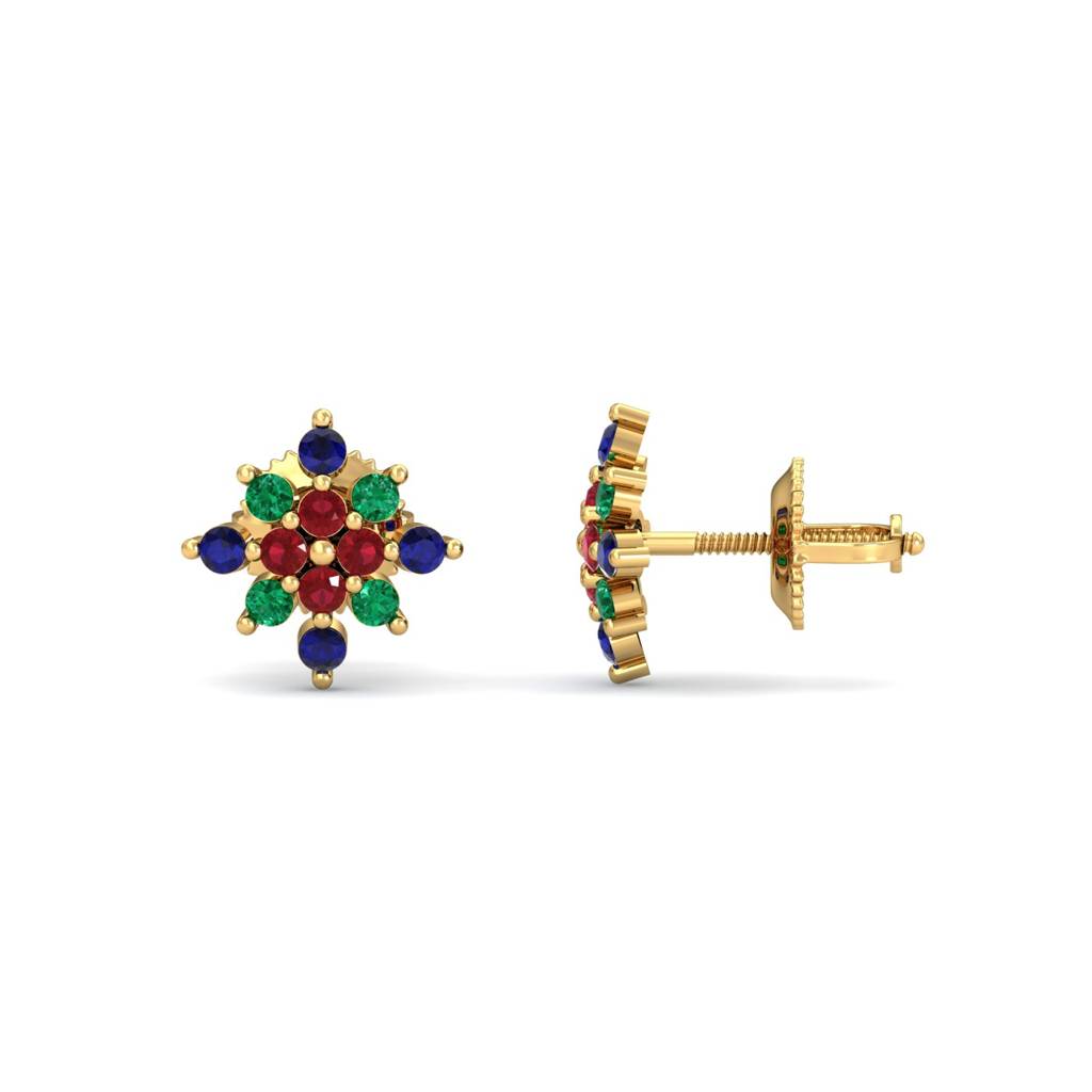 KuberBox 18K Yellow Gold Mult- Gems Stud Earrings