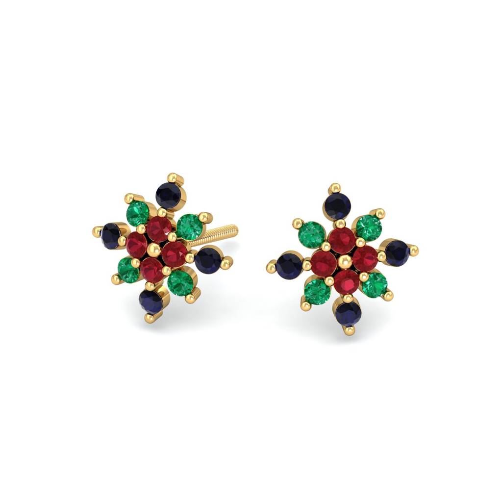 KuberBox 18K Yellow Gold Mult- Gems Stud Earrings