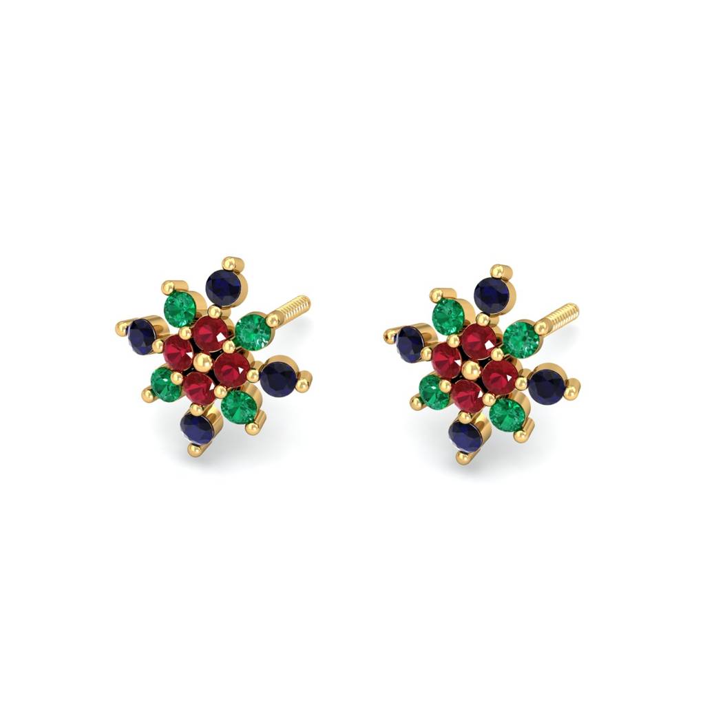 KuberBox 18K Yellow Gold Mult- Gems Stud Earrings