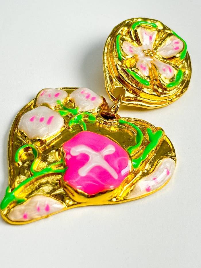 Chic Pink And Green Vintage Clip On Earrings : E0038