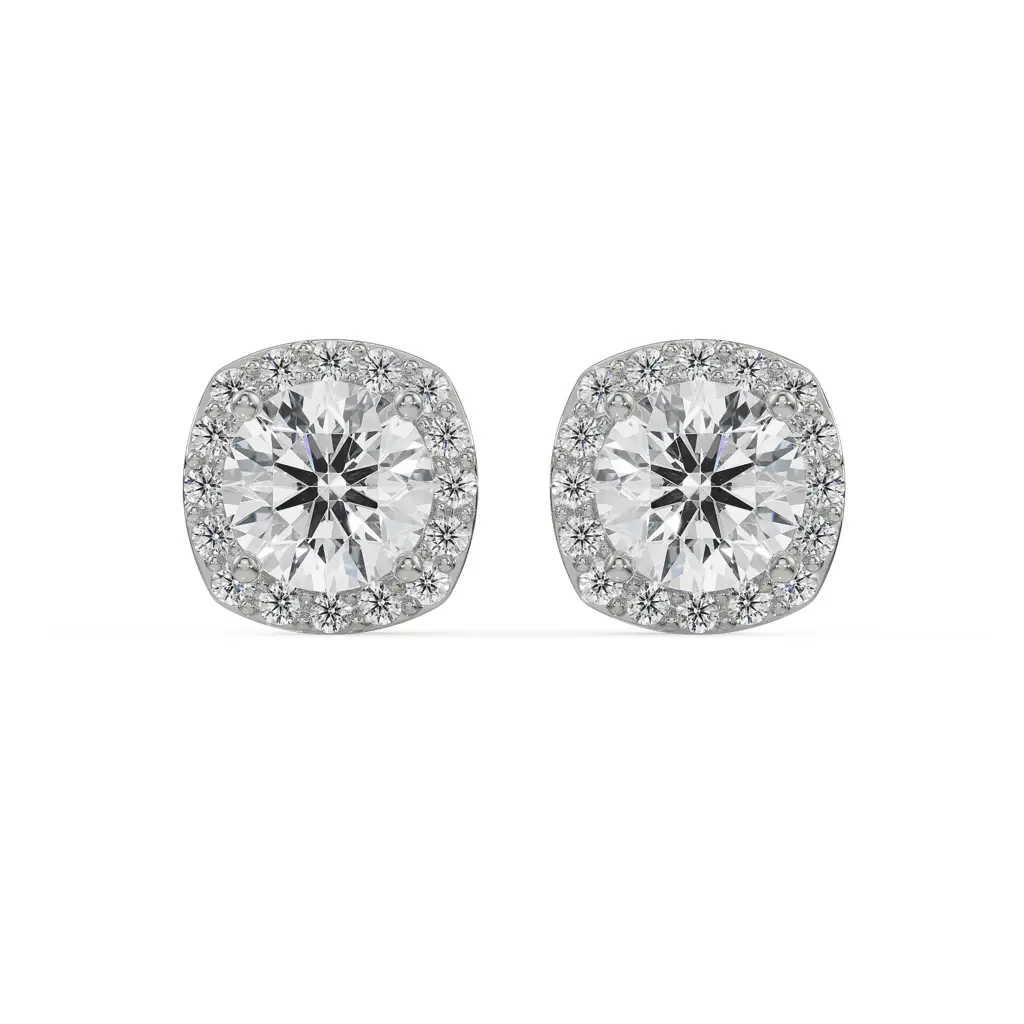 0.5 Ct Halo Cushion Cut Studs : E907_14KT_White_