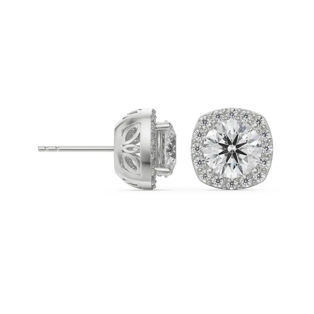 1 Ct Halo Cushion Cut Studs : E908_14KT_White_