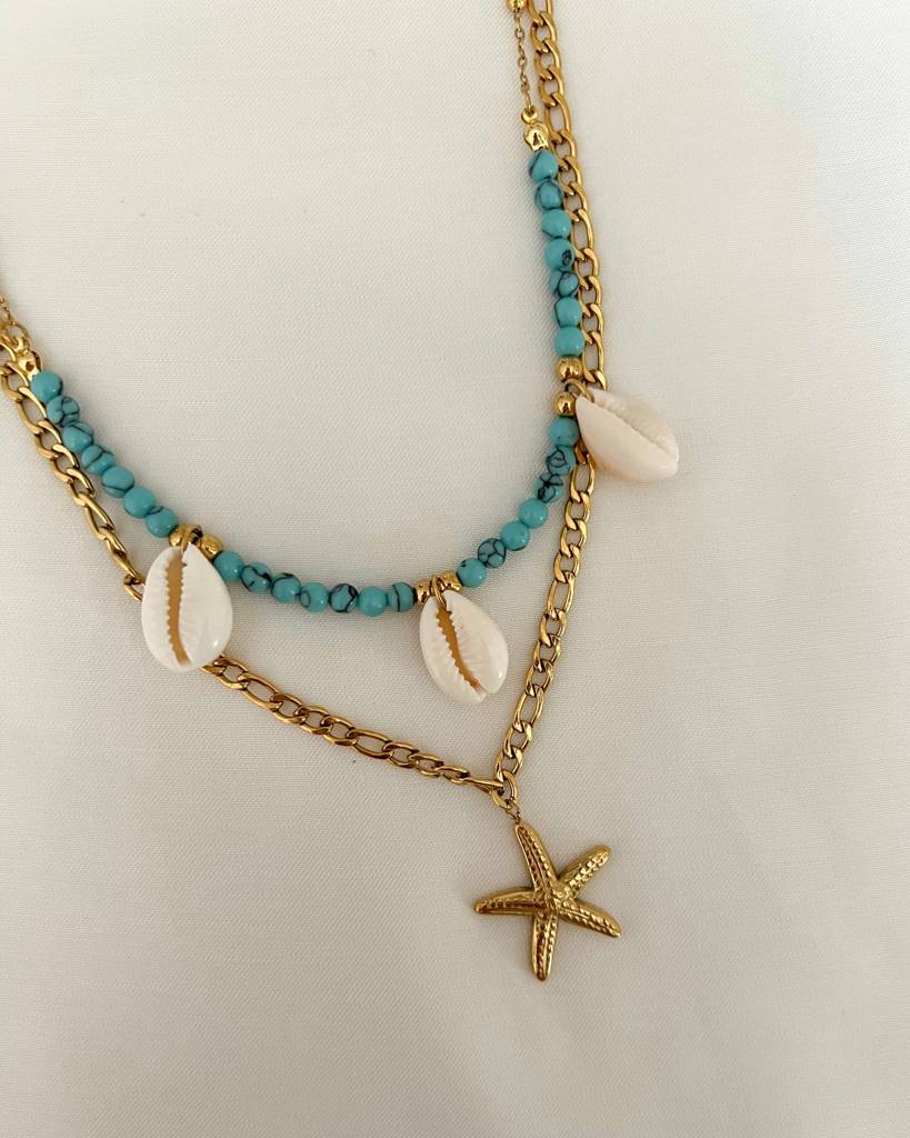 18K Gold Plated Sea Spell Double-Layered Shell & Starfish Necklace : N95
