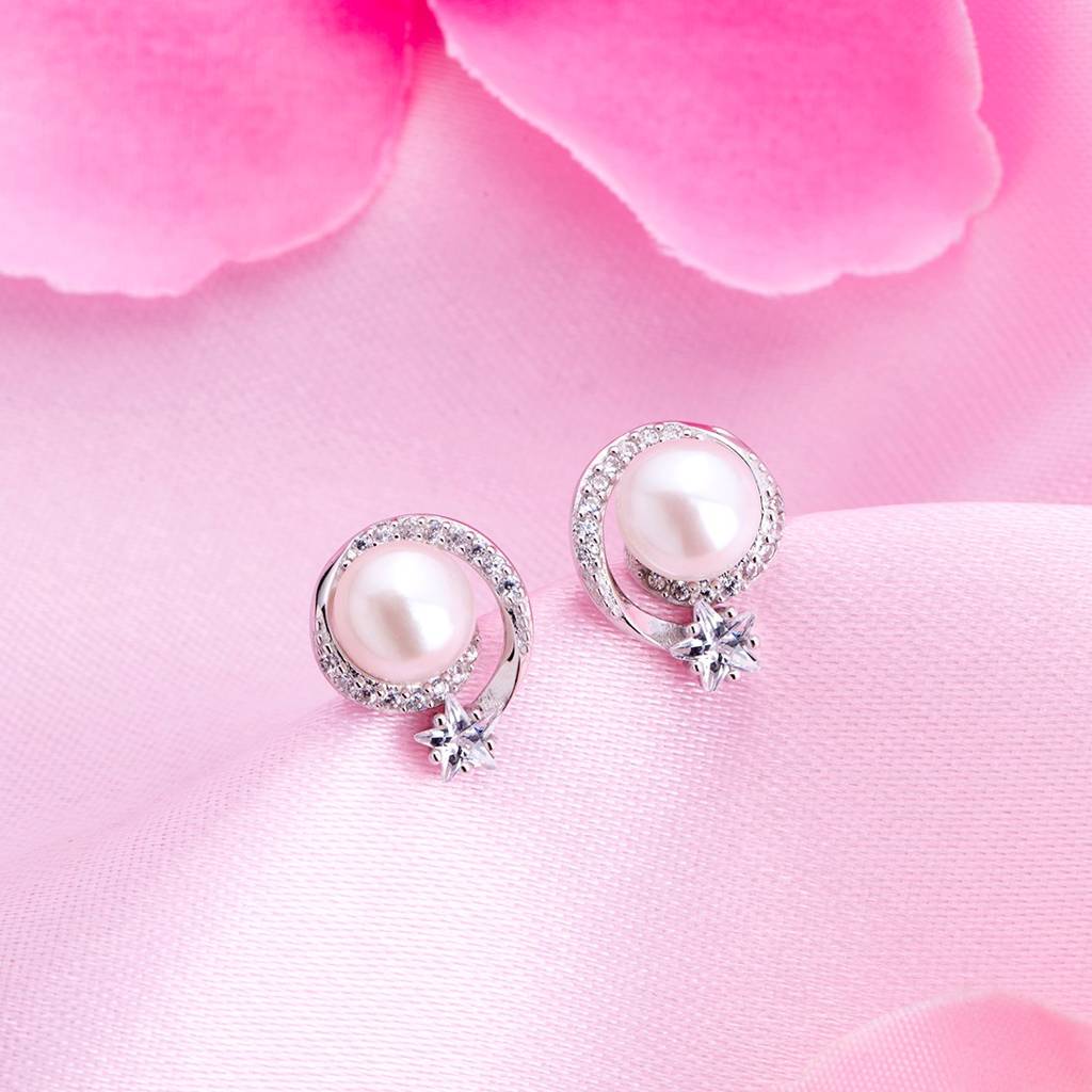 Pearl Rhodium Plated 925 Sterling Silver Stud Pearl Rhodium