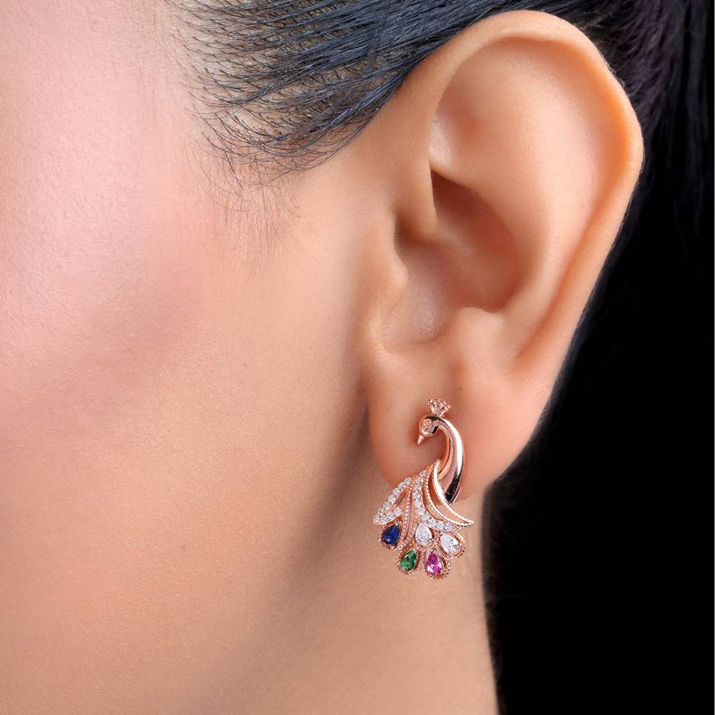 Peacock Rose Gold Plated 925 Sterling Silver Earrings : EAR-20946-RG