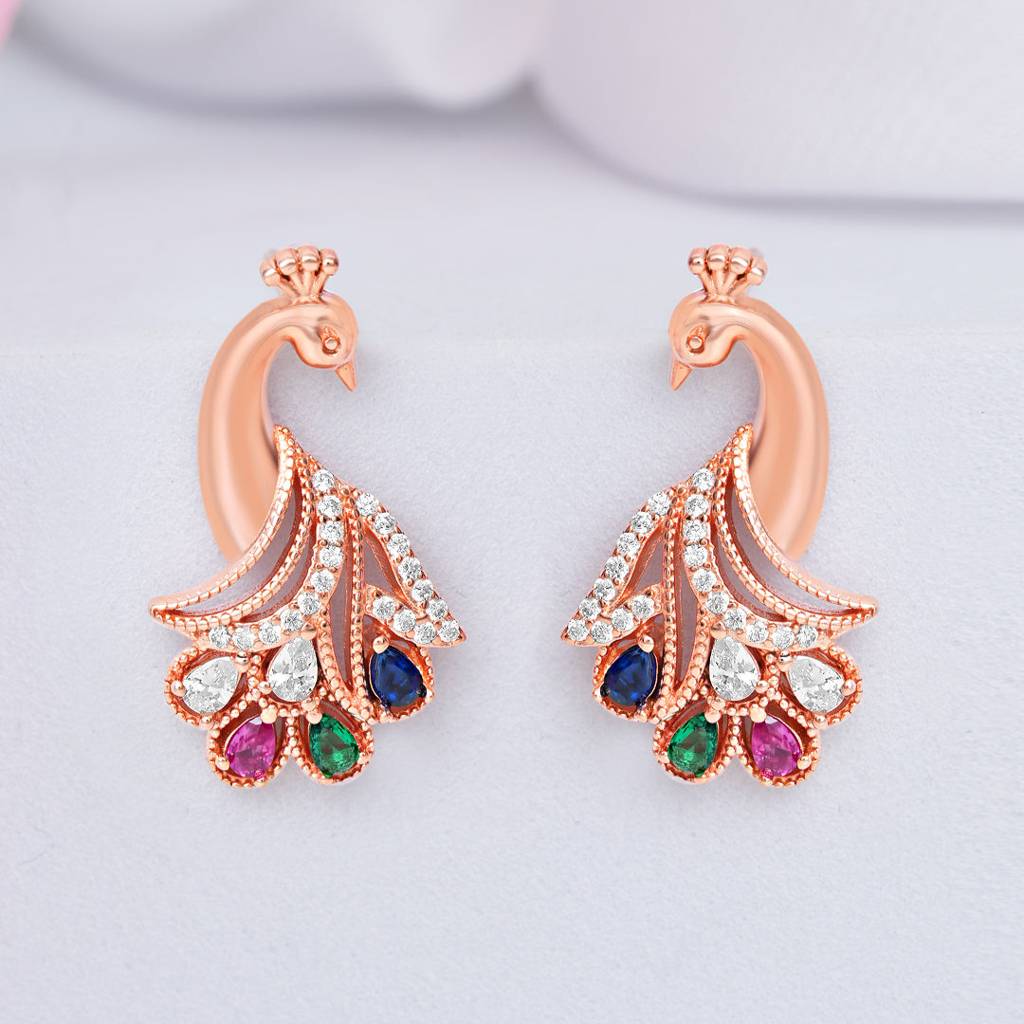 Peacock Rose Gold Plated 925 Sterling Silver Earrings : EAR-20946-RG