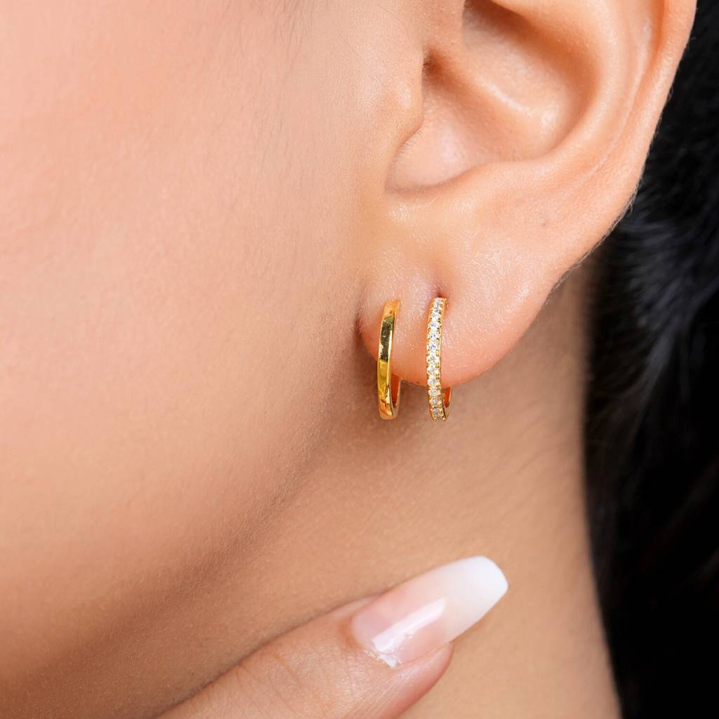 Double Hoop Gold Plated 925 Sterling Silver Earrings : EAR-20956-G