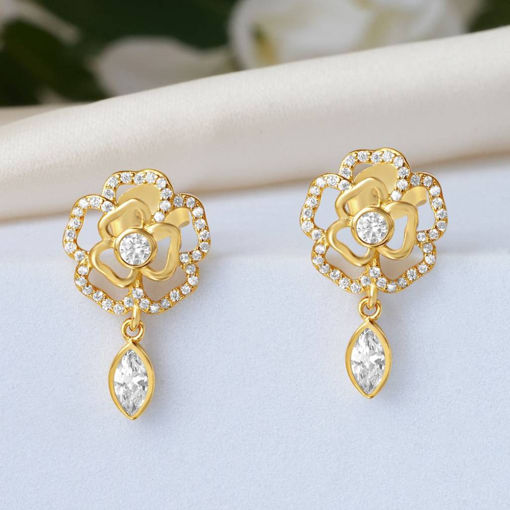 Floral Gold Plated 925 Sterling Silver Earrings : EAR-20961-G