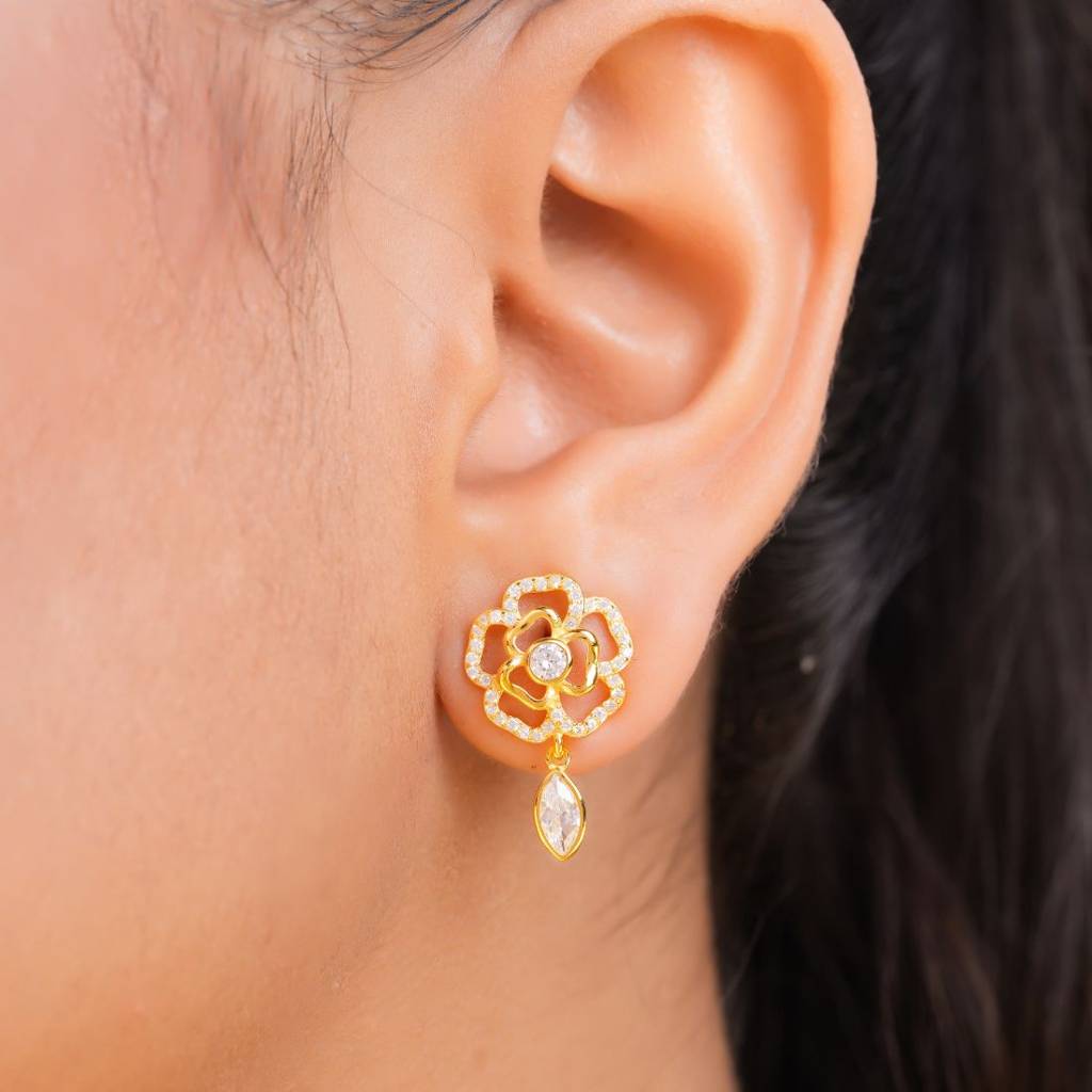 Floral Gold Plated 925 Sterling Silver Earrings : EAR-20961-G