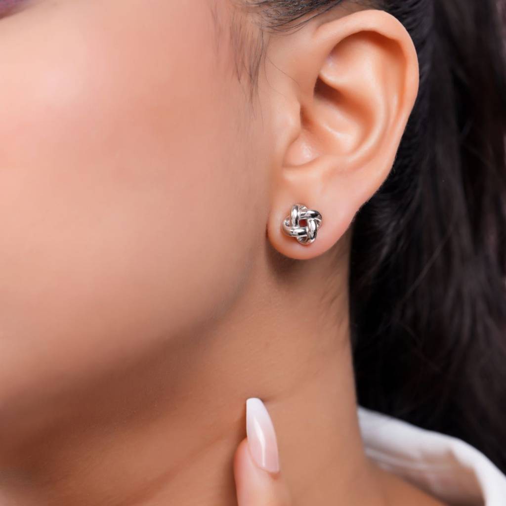 Love Knot Rhodium Plated 925 Sterling Silver Stud Earrings : EAR-20966-R