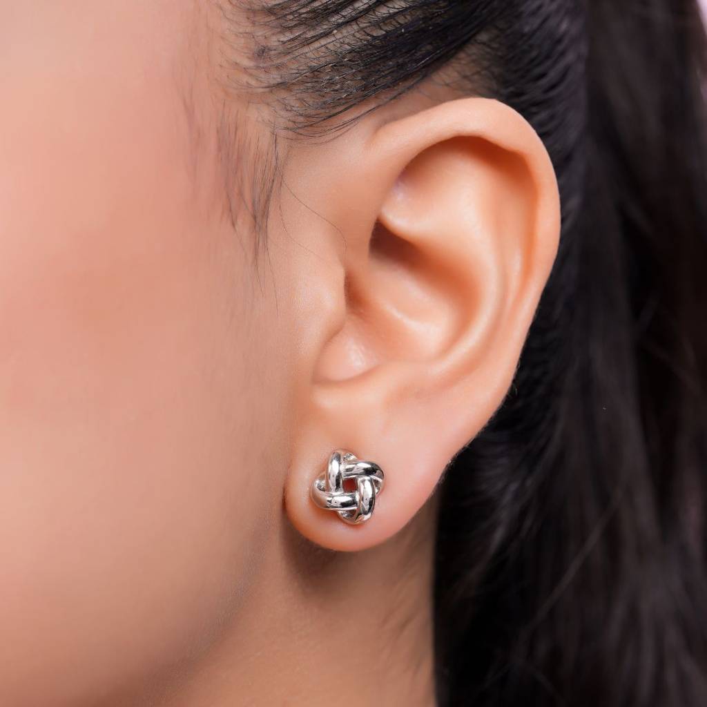 Love Knot Rhodium Plated 925 Sterling Silver Stud Earrings : EAR-20966-R