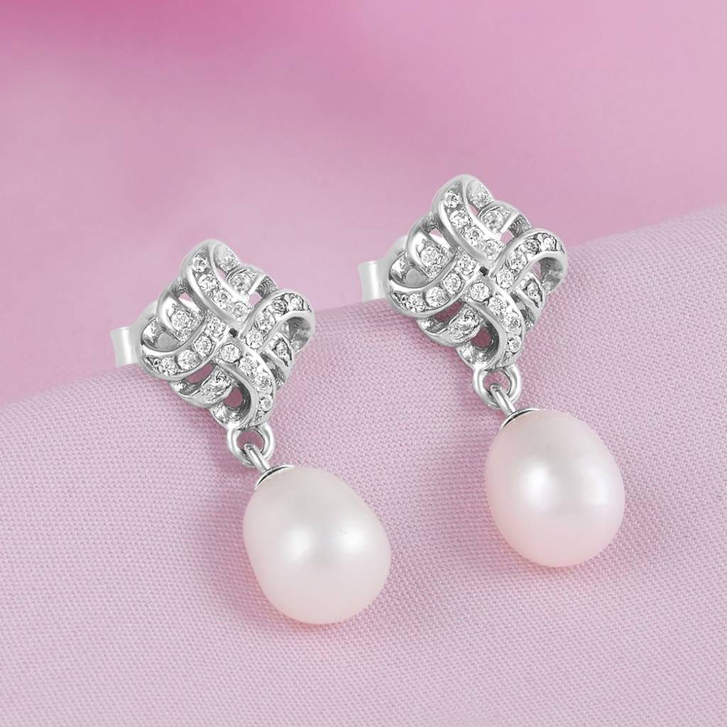 Classic Pearl Rhodium Plated 925 Sterling Silver Earrings : EAR-20971-R