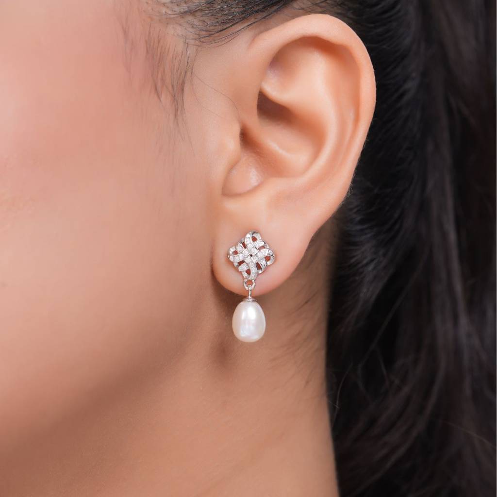 Classic Pearl Rhodium Plated 925 Sterling Silver Earrings : EAR-20971-R