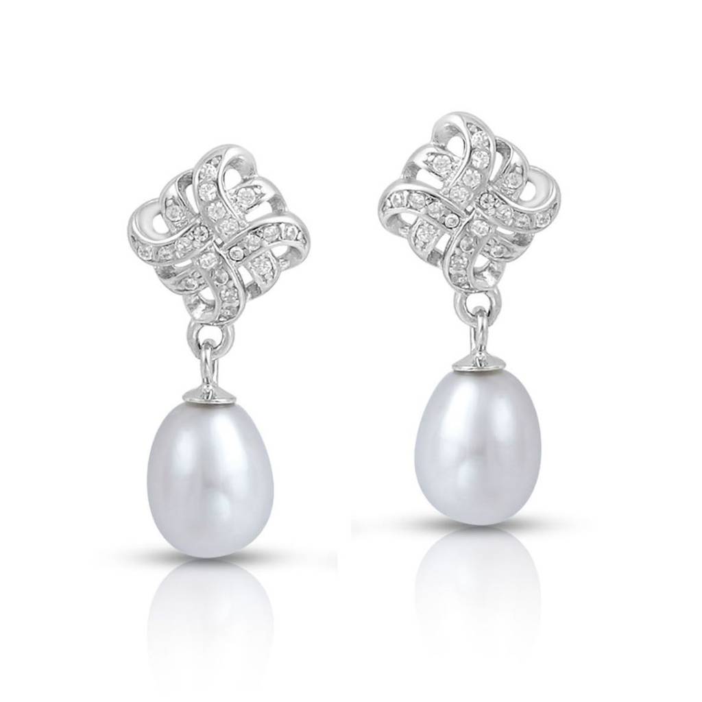 Classic Pearl Rhodium Plated 925 Sterling Silver Earrings : EAR-20971-R
