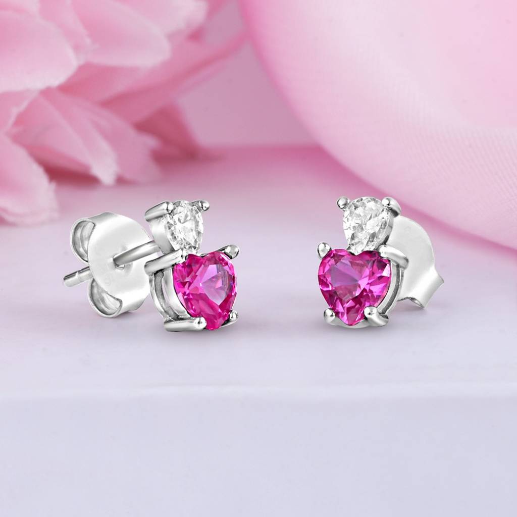 Pink Heart Rhodium Plated 925 Sterling Silver Earrings : EAR-20974-R
