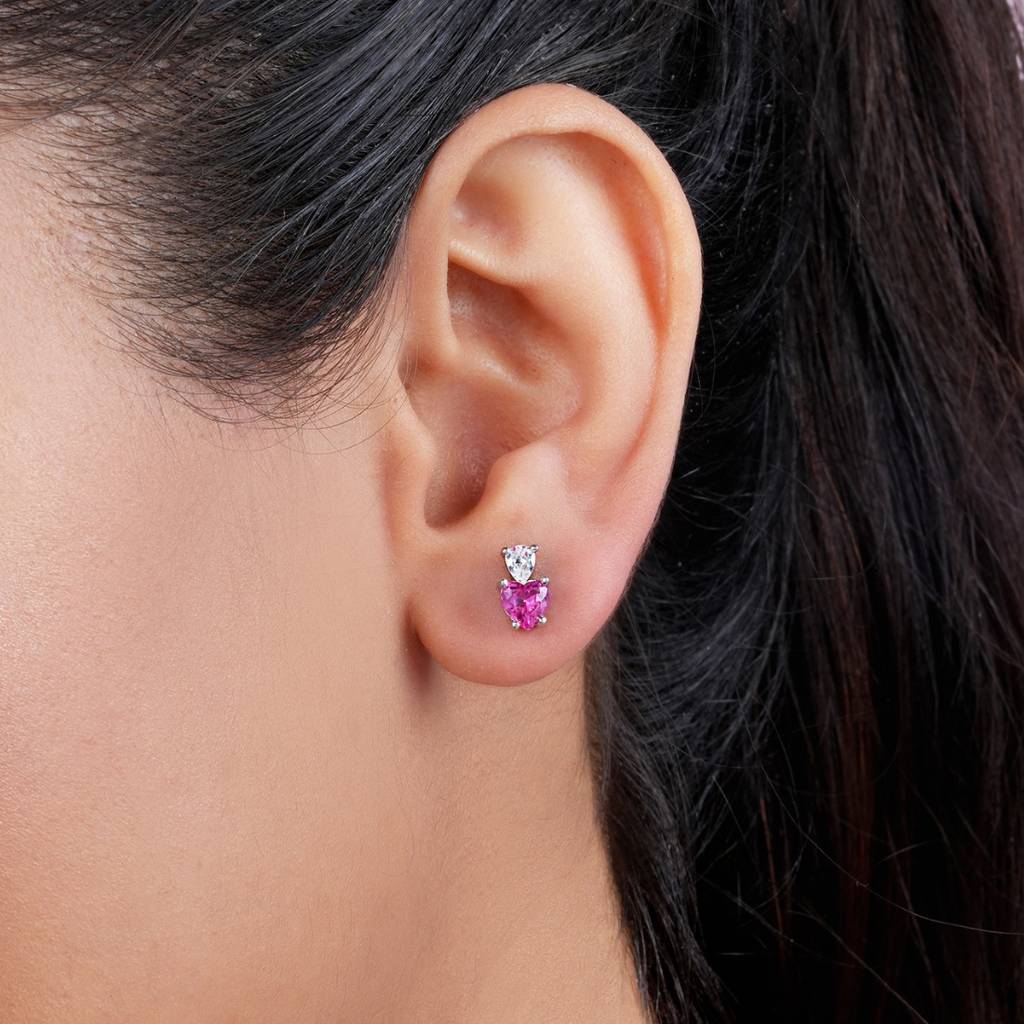 Pink Heart Rhodium Plated 925 Sterling Silver Earrings : EAR-20974-R