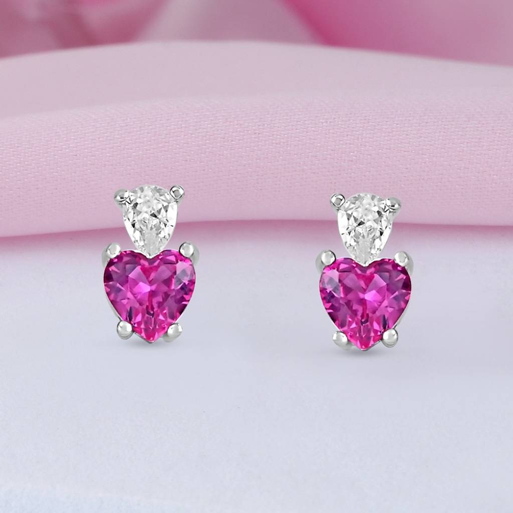 Pink Heart Rhodium Plated 925 Sterling Silver Earrings : EAR-20974-R