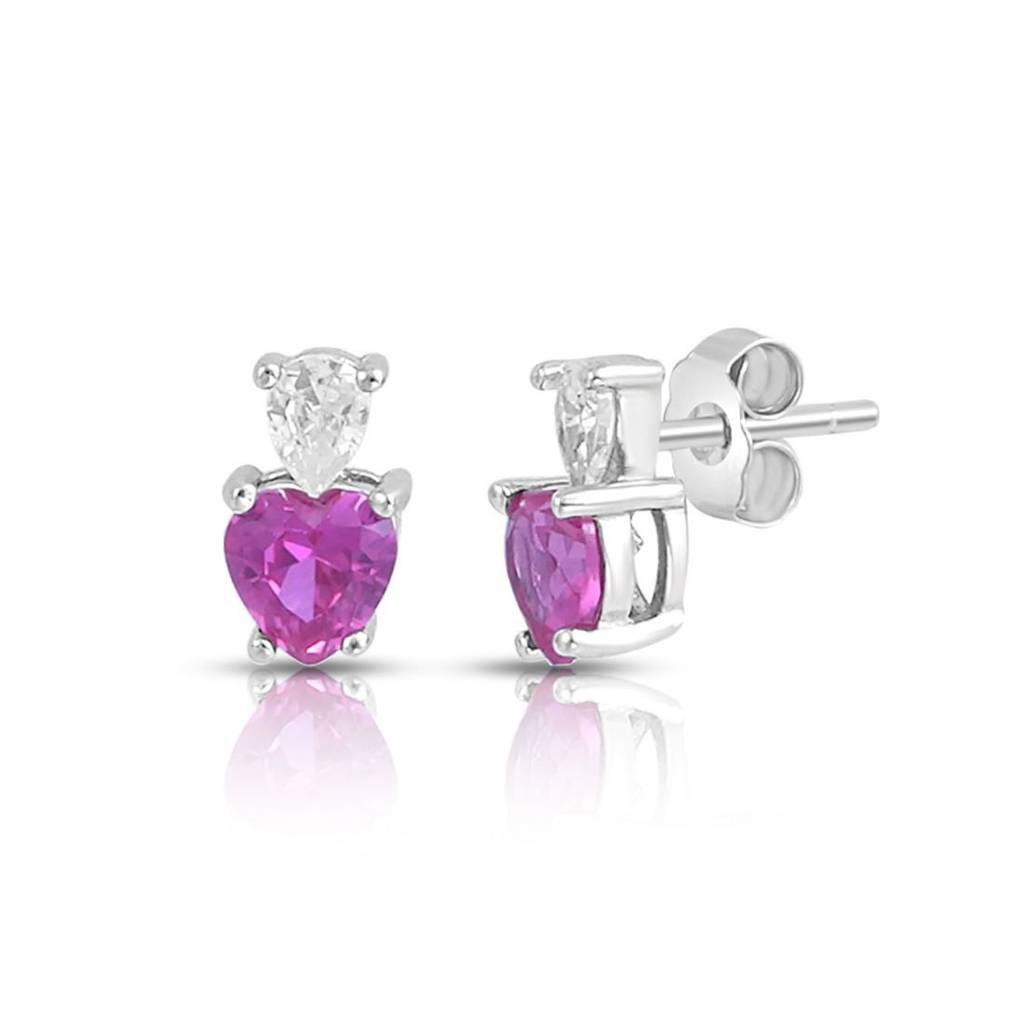Pink Heart Rhodium Plated 925 Sterling Silver Earrings : EAR-20974-R