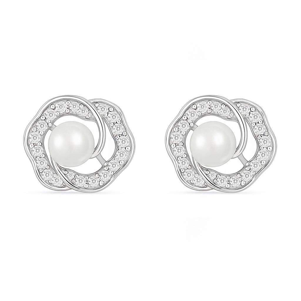 The Pearl Nest Stud Rhodium Plated Earrings : EAR-21023-R