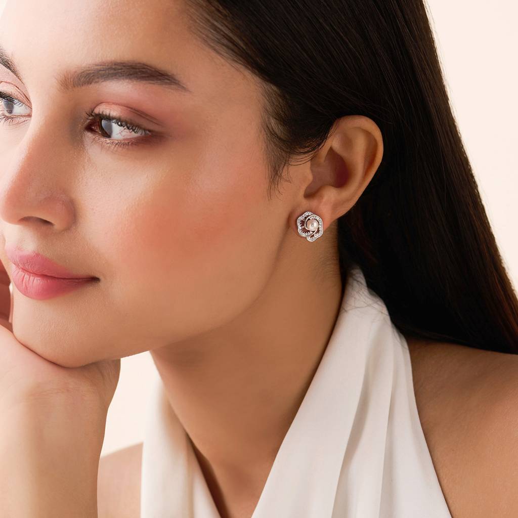 The Pearl Nest Stud Rhodium Plated Earrings : EAR-21023-R