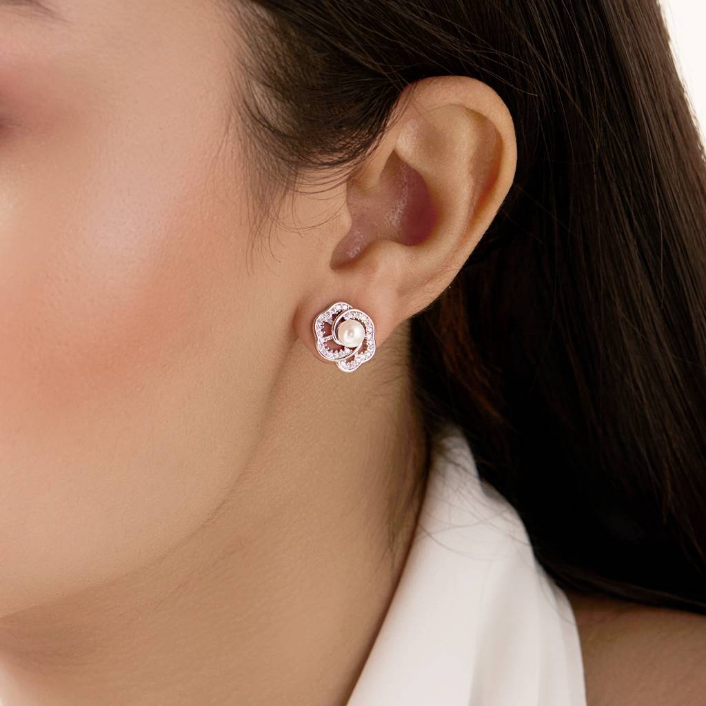 The Pearl Nest Stud Rhodium Plated Earrings : EAR-21023-R
