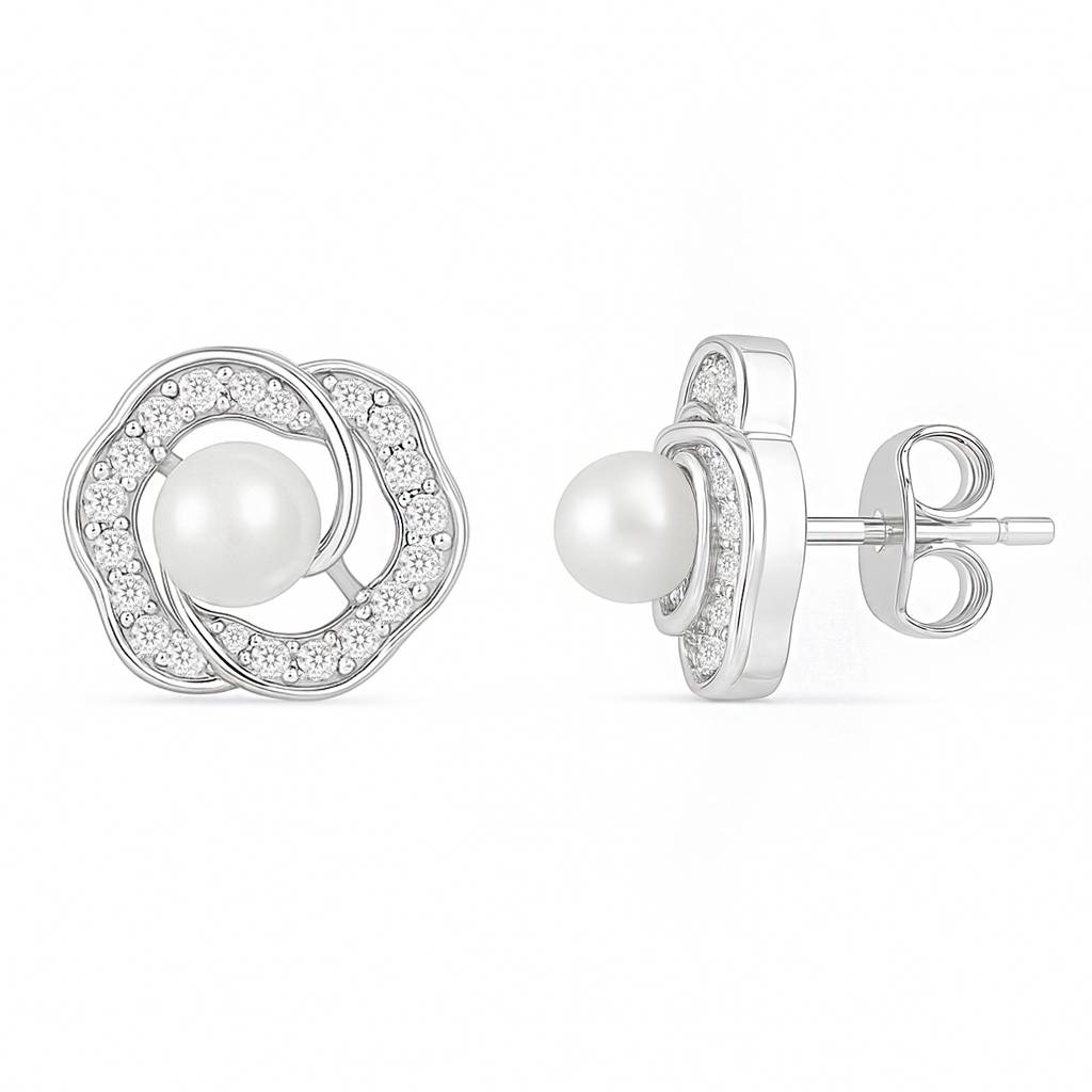 The Pearl Nest Stud Rhodium Plated Earrings : EAR-21023-R