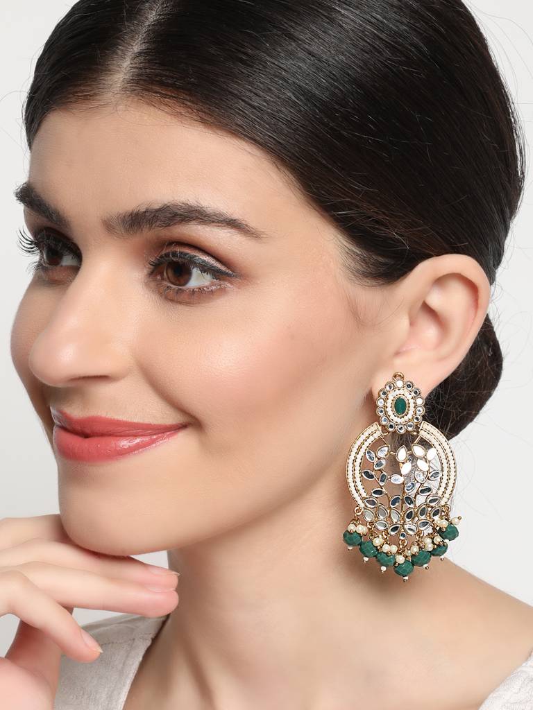 Gold-Plated Stone Studded & Beadded Circular Classic Drop Earrings : EAR-JS21-30026