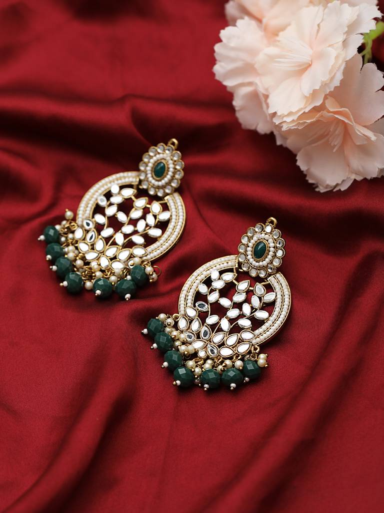 Gold-Plated Stone Studded & Beadded Circular Classic Drop Earrings : EAR-JS21-30026