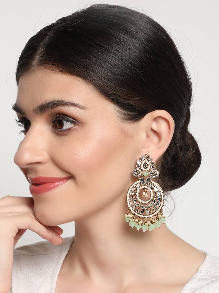 Gold-Plated Stone Studded & Beadded Crescent Shaped Chandbalis Earrings : EAR-JS21-30027