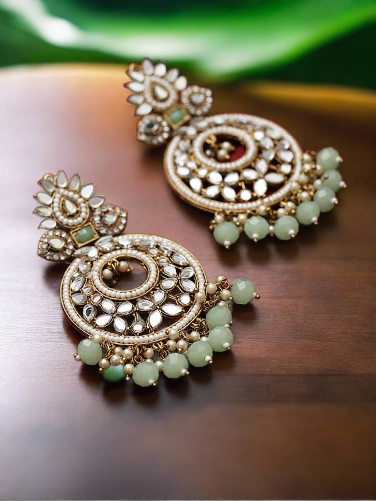 Gold-Plated Stone Studded & Beadded Crescent Shaped Chandbalis Earrings : EAR-JS21-30027