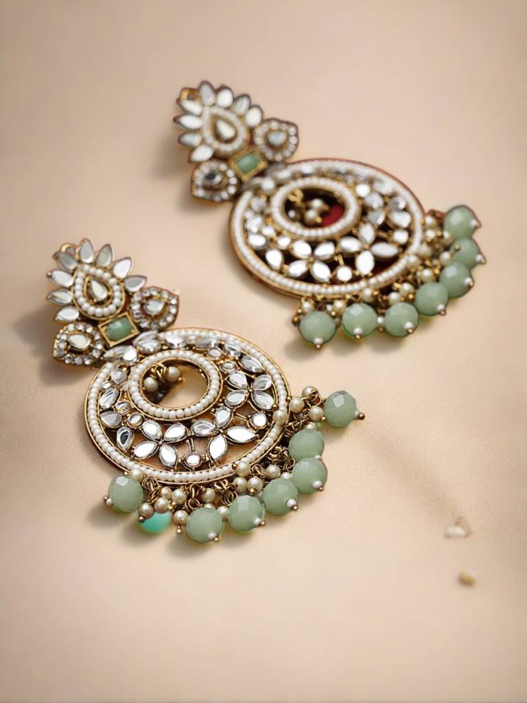 Gold-Plated Stone Studded & Beadded Crescent Shaped Chandbalis Earrings : EAR-JS21-30027