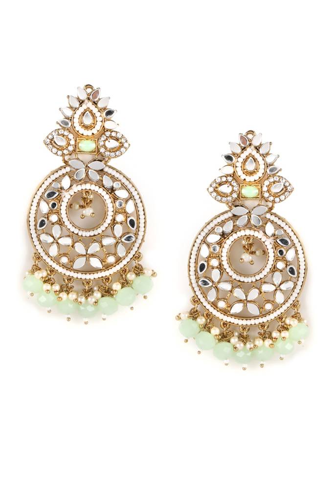 Gold-Plated Stone Studded & Beadded Crescent Shaped Chandbalis Earrings : EAR-JS21-30027