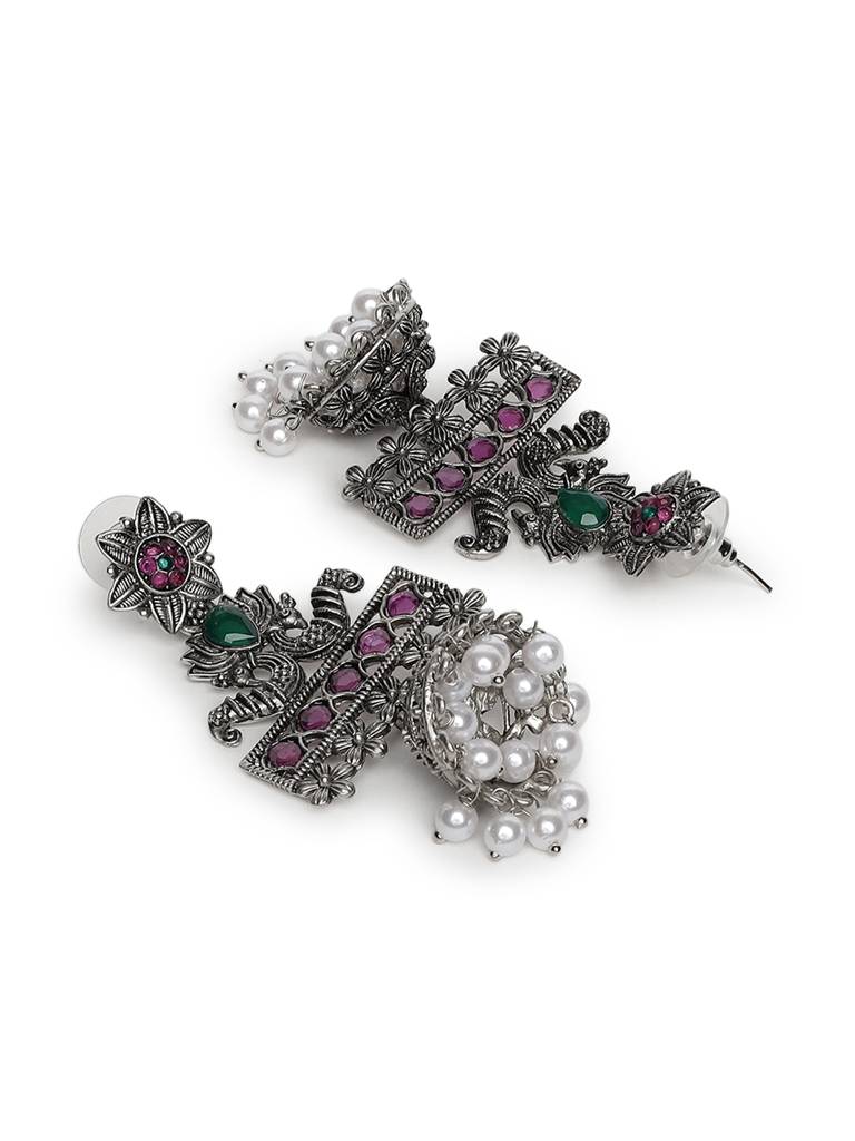 Silver-Toned Peacock Shaped Drop Earrings : EAR-JS21-30043