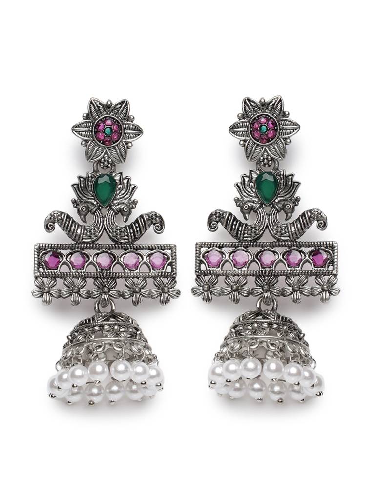 Silver-Toned Peacock Shaped Drop Earrings : EAR-JS21-30043