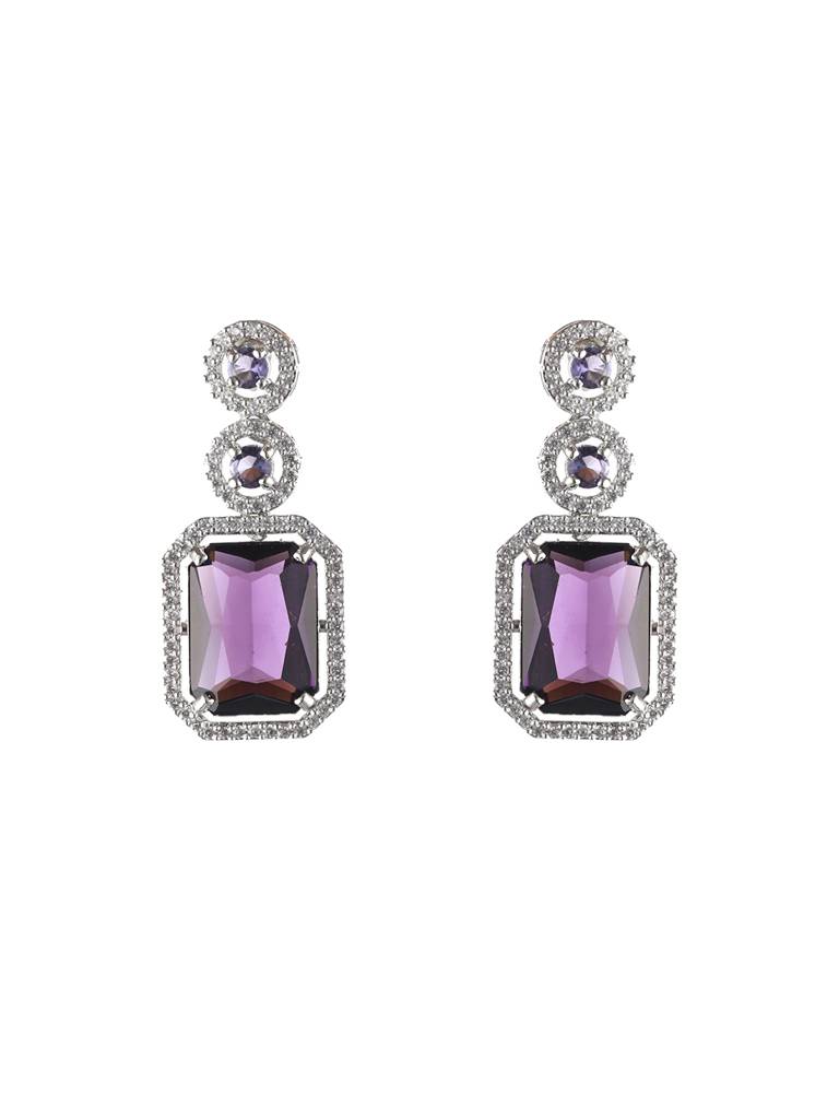 Silver-Plated American Diamond Studded Drop Earrings : EAR-JS22-30157