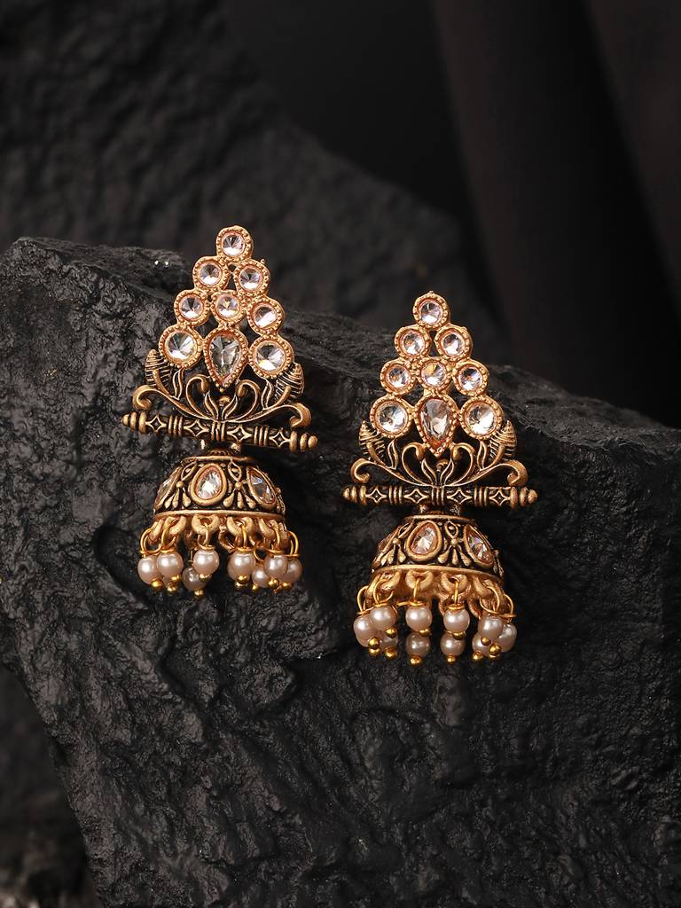 Gold-Plated Triangular Kundan Studded & Beaded Jhumkas : EAR-JS23-30205