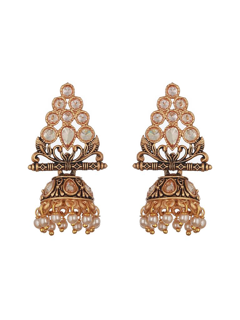 Gold-Plated Triangular Kundan Studded & Beaded Jhumkas : EAR-JS23-30205