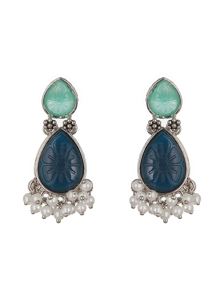 Set Of 2 Silver-Plated Geometric Stone Studded & Beaded Drop Earrings : EAR-JS23-30208