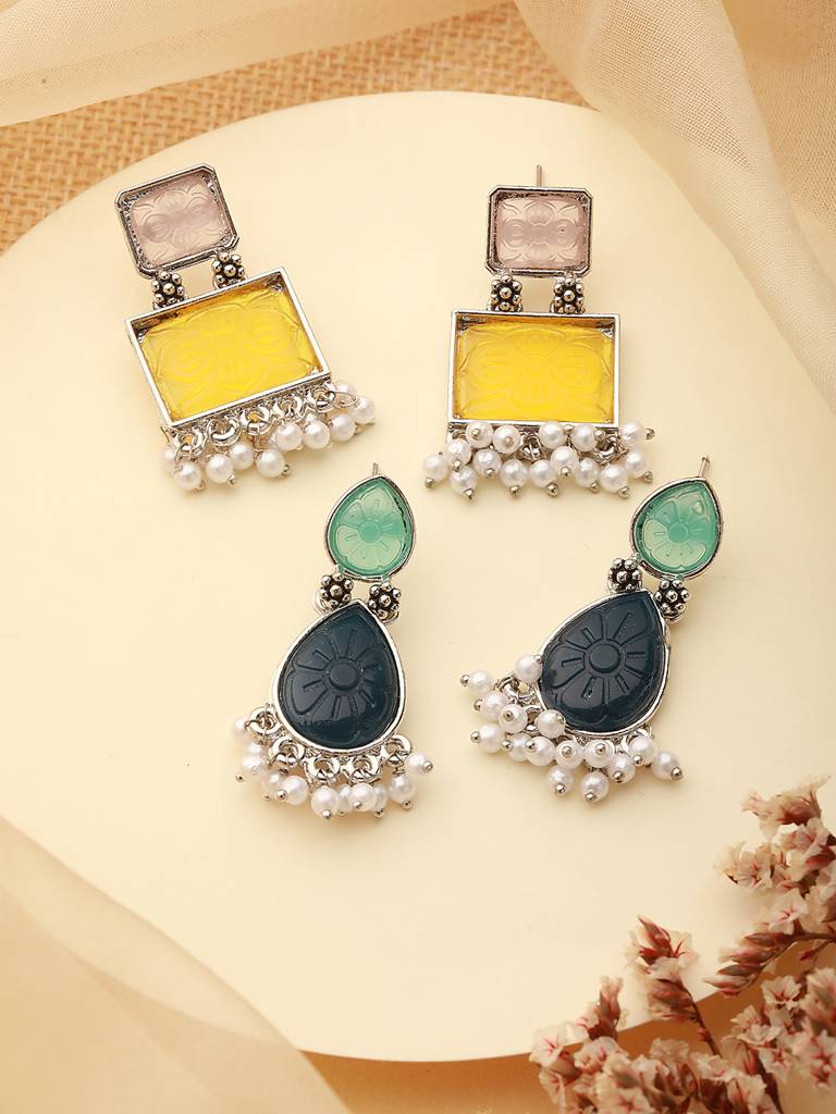 Set Of 2 Silver-Plated Geometric Stone Studded & Beaded Drop Earrings : EAR-JS23-30208