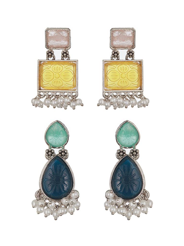 Set Of 2 Silver-Plated Geometric Stone Studded & Beaded Drop Earrings : EAR-JS23-30208