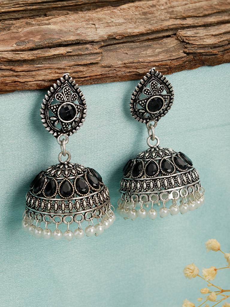 Silver-Plated Dome Shaped Jhumkas : EAR-JS23-30236