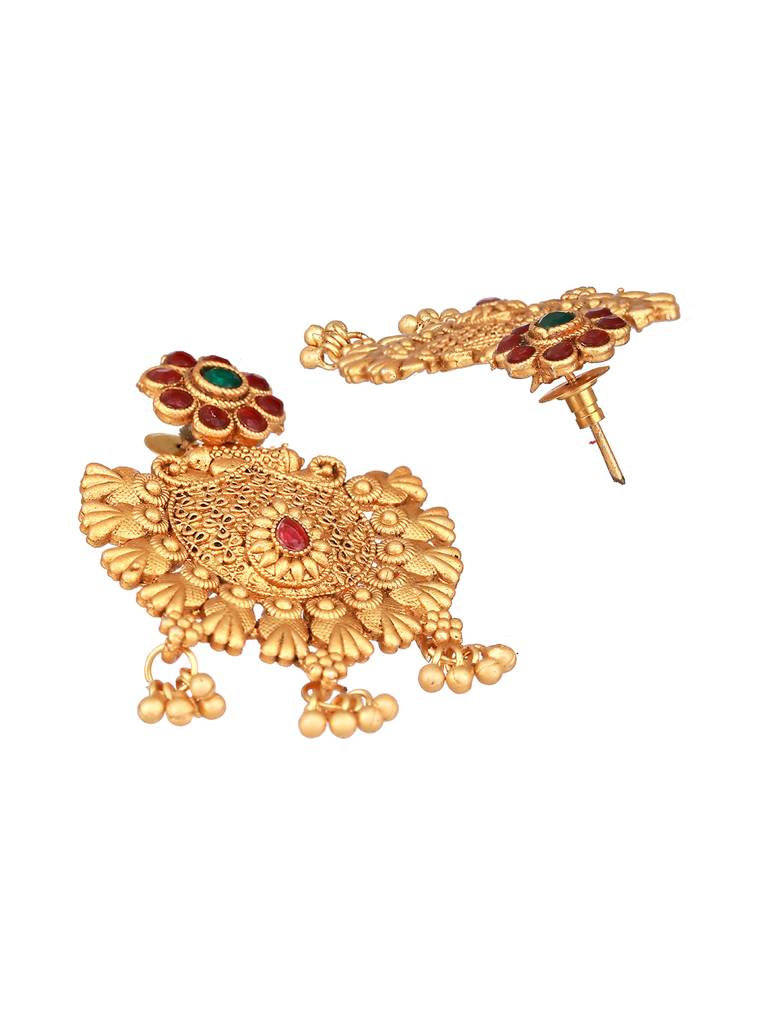 Gold Plated Red & Green Stone-Studded & Beaded Chandbalis Earrings : EAR-JS23-30260