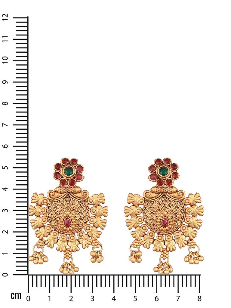 Gold Plated Red & Green Stone-Studded & Beaded Chandbalis Earrings : EAR-JS23-30260