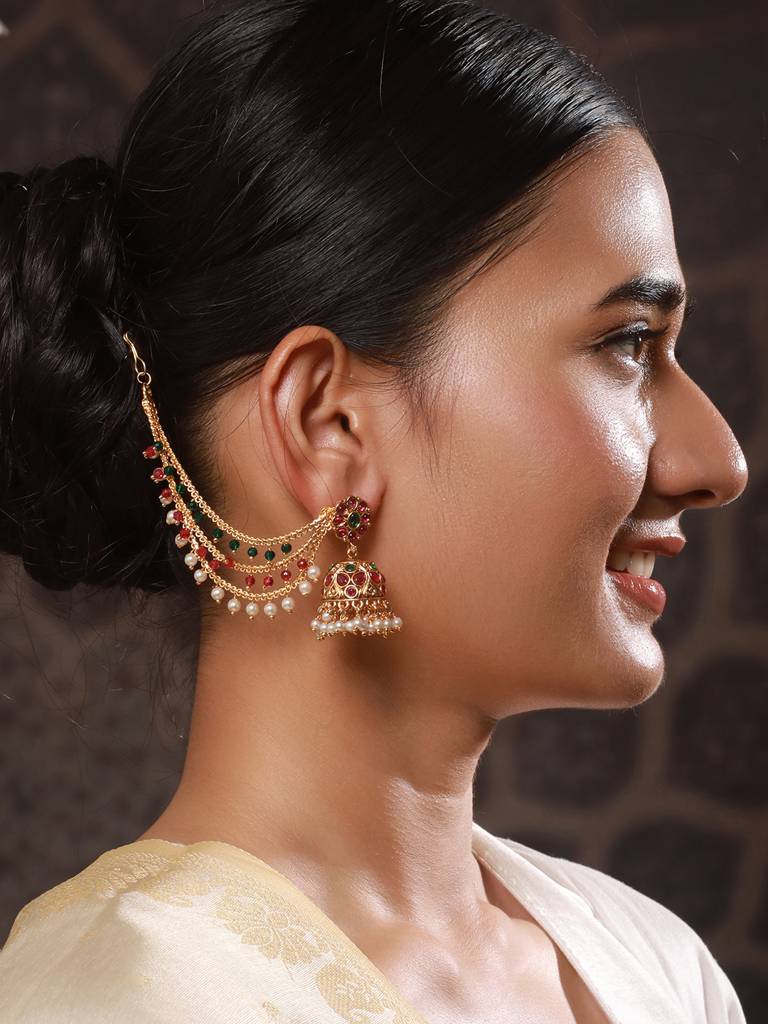 Gold-Plated Beaded & Studded Classic Ear Cuff Earrings : EAR-JS24-30311