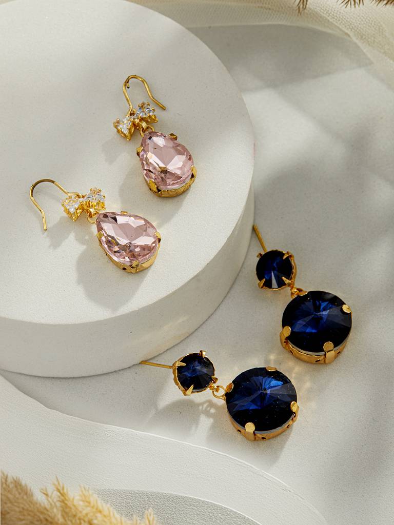 Set Of Gold Plated Artificial Stones Drop Earrings Set Of
