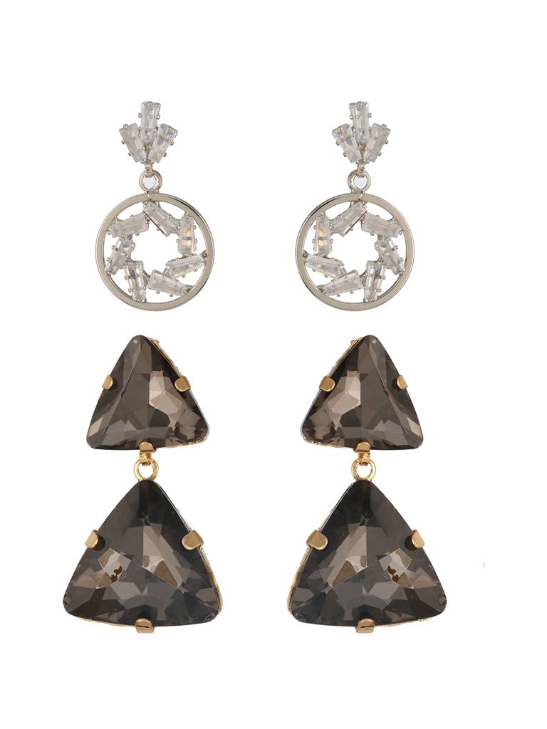 Set Of 2 Gold Rhodium-Plated Contemporary Stone Studded Drop Earrings : EAR-JS24-30330